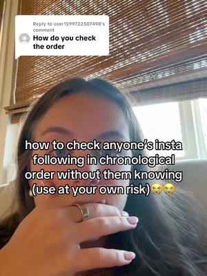 A selfie-style image with a woman in the foreground, covering her mouth with her hand. Text overlays describe the video's content, and a comment replies to a question about checking an order on a social media platform displayed in a speech bubble in the top left corner. The background hints at an indoor setting.