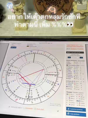 The image shows a screen with a birth chart displayed, likely from an astrology software. Overlayed on top is Thai text. The image is shot at an angle, with the screen of a tablet or laptop visible, resting on a surface. A decorative object is positioned on the upper level above the screen and there is another small sculpture to the left. The colors are vibrant, with a focus on the astrological chart's design.