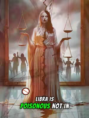 The image features a surreal, artistic depiction of a woman, symbolizing the Libra zodiac sign. The woman has a two-toned effect, one-half of her being light-colored and the other a dark, contrasting shade. She stands as a tall figure, holding scales in each hand, signifying balance. Behind her, a stylized painting of a mirrored scene with blurred figures on either side mirrors her pose to each holding a scale. In the foreground, text is overlaid in green and white colors, with a red no entry sign indicating that the libra is poisonous. The overall color palette includes soft pastels, enhancing the artistic and mystical mood of the image.