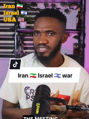 A man with dark hair and a beard is in front of a camera. The background includes plants and shelves. The image highlights a potential conflict between Iran and Israel and features the American flag and TikTok logo.