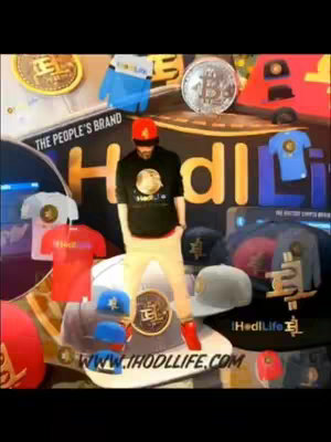 A collage-style image. The central figure is a person wearing a black shirt, a red hat, and gold/yellow pants. The background is filled with cryptocurrency/trading themed images like Bitcoin, logos, shirts and hats. The overall color scheme includes red, black, white and gold. The brand name "HodlLife" is present.