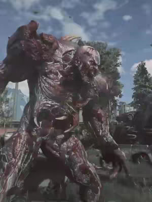 The image shows a monstrous creature composed of reddish-brown, fleshy masses, depicted outdoors with a blurred background of trees and sky. The creature appears to be in motion, potentially mid-step, suggesting a dynamic or action-oriented scene.