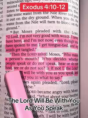 The image is a close-up of an open Bible. The text is highlighted with pink marker and a pink highlighter sits in the lower left corner. A text overlay is at the bottom with white text.