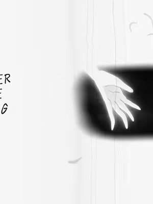 An animated depiction of a hand reaching out, framed against a dark background. The hand is rendered in a grayscale, with softly blended lines, conveying a sense of depth. Thin lines extend from the fingers, possibly representing marionette strings. On the left side, vertically aligned text is partially visible.
