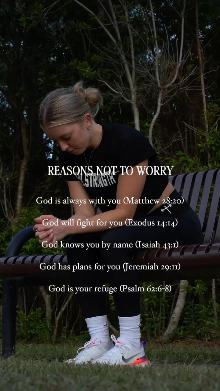 A young woman is seated on a park bench, head bowed, with text overlayed listing Bible verses for comfort. The background includes trees. The color palette is natural, with the woman wearing black clothing. The composition is focused on the woman with overlayed text for a vertical video format.