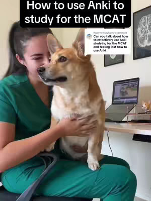 A woman wearing green scrubs holds a corgi dog on her lap, looking towards the left. Above, a text overlay reads instructions. To the right, there's a screenshot of a question about Anki with a laptop in the background.