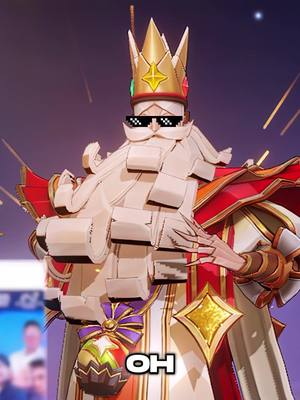 A stylized character wearing a gold crown with gems and pixelated sunglasses, standing against a blurred background with glowing effects. The character appears to be a representation of a king or other regal figure, and it features red and white robes and a large mustache. The word 'OH' is placed in the lower center of the image.