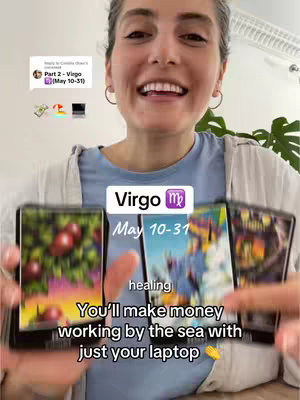 A person with gray hair smiling at the camera, holding tarot cards. Text overlays include "Virgo" and a fortune, as well as a subtitle mentioning "May 10-31".  The background is a mix of indoor and outdoor elements.