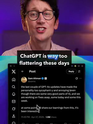 A man with glasses is speaking to the camera. A screen recording of a tweet about ChatGPT is in the background with text overlay that says, 'ChatGPT is way too flattering these days'.