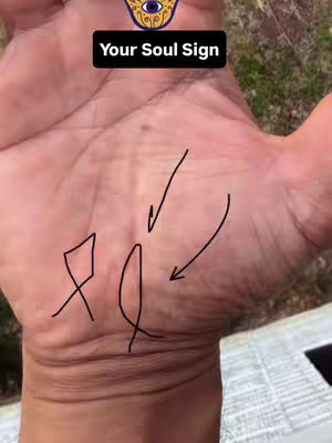 A close-up shot of a hand with lines drawn on the palm and an overlay of text. The hand is open, with the palm facing the camera. Black lines have been drawn on the palm suggesting palm reading symbols, next to three arrows. Overlaying the image is a black box containing white text that reads "Your Soul Sign". The background is blurred, suggesting an outdoor setting.
