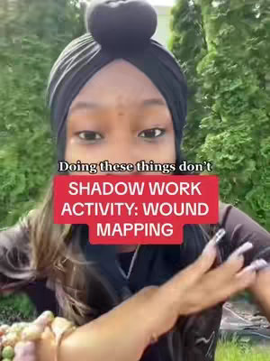 The cover image shows a person with a black head wrap looking at the camera. Overlayed text reads: "Doing these things don't SHADOW WORK ACTIVITY: WOUND MAPPING". The background is blurred greenery.
