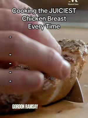 The cover image shows a close-up of a cooked chicken breast being sliced with a knife. The chicken has a golden-brown crust, and the knife is cutting through it. Text overlays identify the content as a food-related video, and credits the chef, Gordon Ramsay.