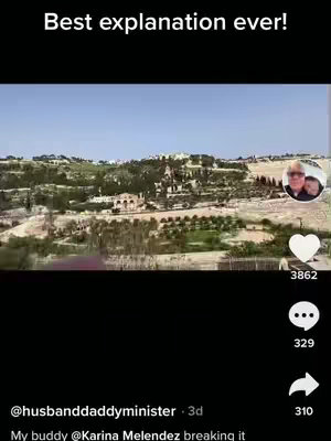The image features a landscape view over a city with beige and light green tone and blue sky. In the top-right corner is a small circle containing a man and a woman. Below are the standard social media icons for likes, comments, and shares.