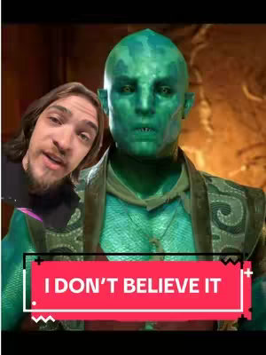 The cover image shows a man with long brown hair on the left, looking towards the camera and speaking. Beside him is a green-skinned humanoid, likely a character from a video game, with intense eyes. The text overlay 'I DON'T BELIEVE IT' is placed on a red bar at the bottom.
