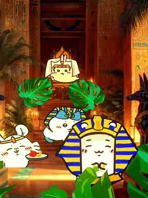 A cartoon image featuring elements inspired by ancient Egypt and the Chiikawa characters. In the background, there's a temple setting with hieroglyphs. Various Chiikawa characters are present, dressed in Egyptian-themed attire such as pharaoh headdresses, positioned on a throne and with offerings. The color palette is warm with gold, tan, and green.