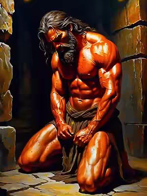 An artistic rendering of a muscular man kneeling in a dimly lit stone structure. His skin has a reddish-orange hue, and he has long, dark hair and a full beard. He is wearing a loincloth. The background consists of large, rough-hewn stone blocks and a dark, undefined space.