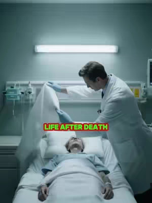 The image depicts a hospital room scene. A male doctor, wearing a white coat and blue gloves, is standing to the right side of a hospital bed, partially obscured by a white sheet. The bed contains a person lying down, covered in a light blue sheet. The text overlayed on the image reads 'LIFE AFTER DEATH'. The background shows typical hospital equipment in the background.