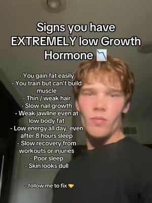 The cover image features a young man with reddish-brown hair, facing the camera. Text overlays detail signs of low growth hormone.