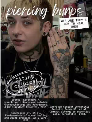 A person with multiple facial and ear piercings is the main focus. The person is showing their hand which is covered in tattoos. Overlay text in a stylized font reads "piercing bumps" in the upper-left corner, with additional text in a white box on the upper right. The background appears to be a room or clinic.