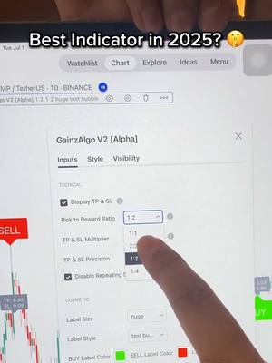 A screenshot of a trading platform interface on what appears to be a tablet device, showcasing the GainzAlgo V2 [Alpha] indicator. The screen displays a chart with price data, plus a settings panel focusing on risk-to-reward ratio options. A finger points at the 1:1 risk ratio.
