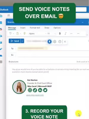 The cover image shows a computer screen displaying an Outlook email message. At the top, a green banner says 'SEND VOICE NOTES OVER EMAIL.' Below, there's a screenshot of the email interface with a selected microphone icon indicating the voice note feature is active. In the lower part of the screen, there's also a logo of the creator, who is a woman.