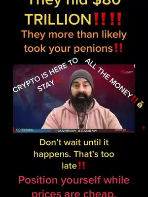 A man in a beanie and beard is centered, speaking in front of a background video. Text overlays emphasize the need to invest in crypto, positioned attractively in an organized layout.