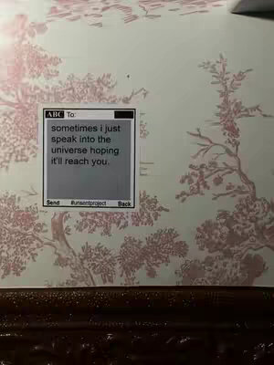 An image of a wall with a floral wallpaper pattern featuring a text message overlay. The text message overlay appears to be a phone screen, displaying the text, "To: [text]". The background is a light beige color and the patterns are a pink color. The overall composition is simple, with the text overlay centered on the image.