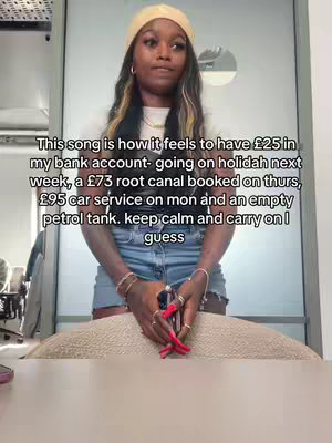 A woman with long, dark hair and a yellow beanie is centered in the image. Text overlays the image, describing financial woes such as low bank balance and upcoming expenses.