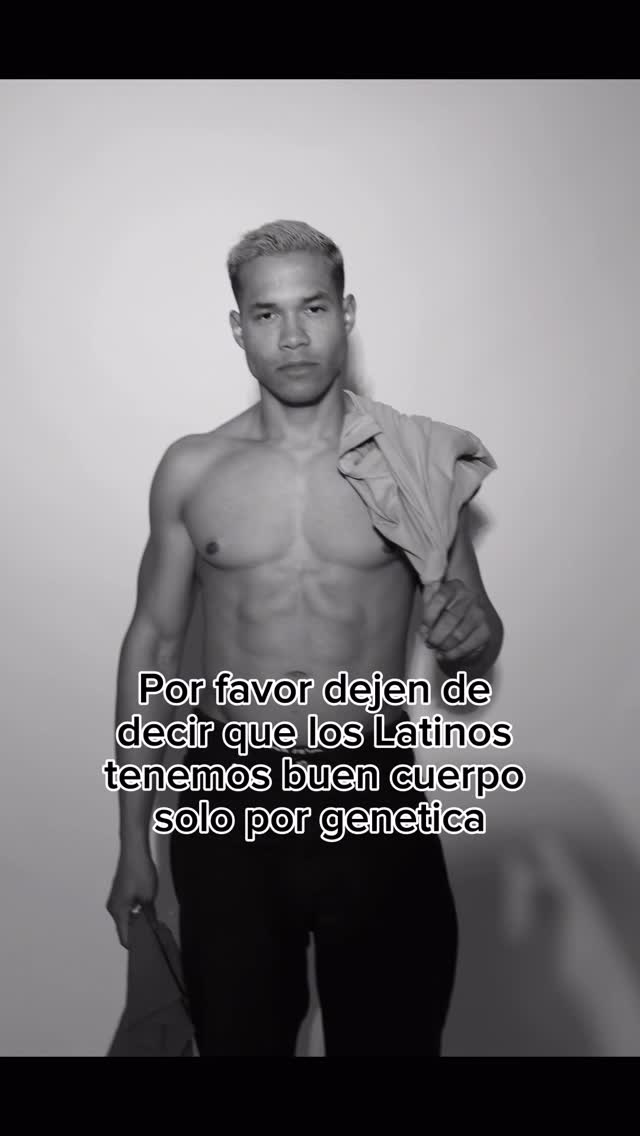 A monochrome shot features a shirtless man with a muscular physique, gazing forward. Text overlayed in the lower part of the image.