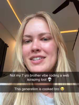 A selfie-style shot featuring a blonde woman with a slightly surprised expression. She is facing the camera, with text overlays suggesting a humorous take on technology and the younger generation.