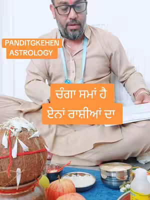 The image features a man in a light brown outfit, likely involved in religious practices. He is seated in a setting with various ritual items, including a decorated coconut, fruits, and bowls. Text overlays in orange boxes provide the video's hook.