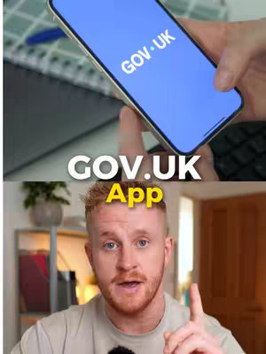 The image is split horizontally, with the top showing a hand holding a smartphone displaying the 'GOV.UK' app logo on its screen. Below, a person with red hair is looking at the camera and speaking, with a raised finger as though to make a point or get a viewer’s attention. The background is blurred.