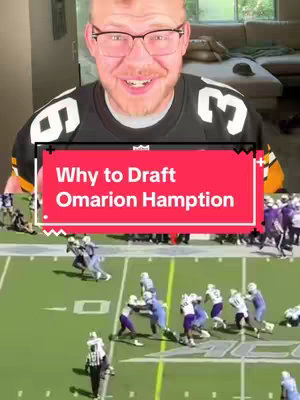 A man in a football jersey and glasses smiles at the camera while text overlays a football game. A red text box reads 'Why to Draft Omarion Hampton'.