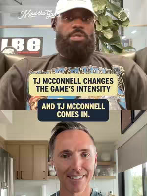 The image is split into two horizontal sections. The top section features a man wearing a white baseball cap and a dark shirt with text overlaid. He has a beard and is looking slightly towards the right. The bottom section showcases a man with short hair looking directly at the camera, set against a modern kitchen background. Two rectangular text boxes are placed on the top section with text. The overall composition is a split perspective with a focus on the faces.