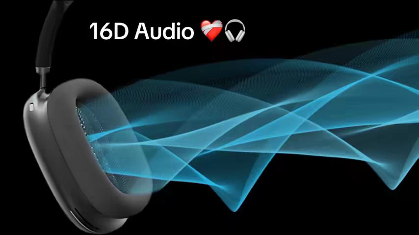 The cover image shows a pair of gray headphones set against a black background. Teal, wavy lines emanate from the headphones, creating a sense of sound waves. In the top center, white text reads "16D Audio," with a heart and headphone emoji next to it.