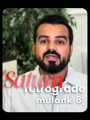 The cover image features a man with a beard in a striped shirt. Overlayed on the image is text that reads 'Saturn retrograde mulank 8' in a stylized, red font.