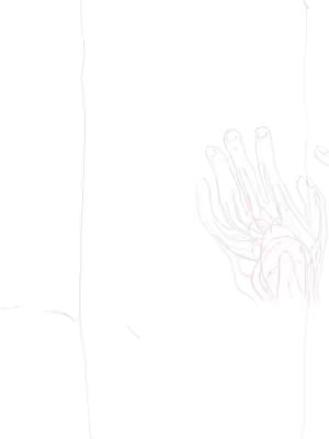 The image is a sketch-like drawing on a white background. It depicts a hand with fingers spread out, partially overlapping. The lines are thin and of a non-uniform width, giving it a sketched look. The hand is positioned at the right with its fingers pointing upwards, with a hint of another hand layered behind it