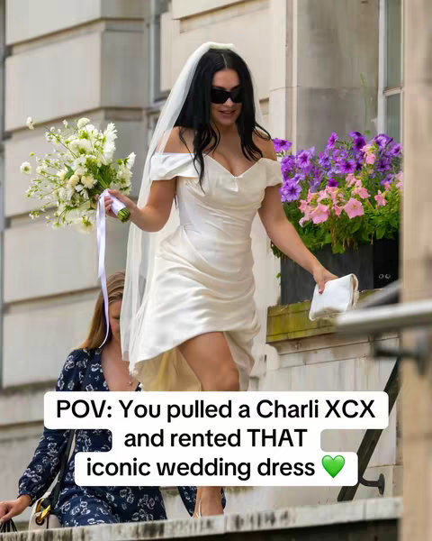 A woman in a white wedding dress and sunglasses exits a building, holding a bouquet and small clutch. Text overlay in the bottom left corner indicates the video's theme.