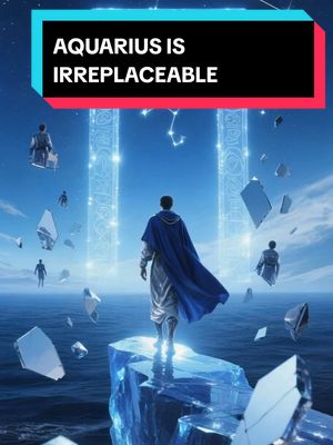 The image presents a celestial and somewhat surreal scene. A figure, viewed from the back, stands on what appears to be a large, crystalline structure emerging from a body of water. The figure is wearing a blue cape and silver attire, set against a background with two glowing, arch-shaped structures reaching towards a bright sky. Floating figures and abstract shapes add to the ethereal atmosphere, with star patterns visible in the sky, overall color is blue.