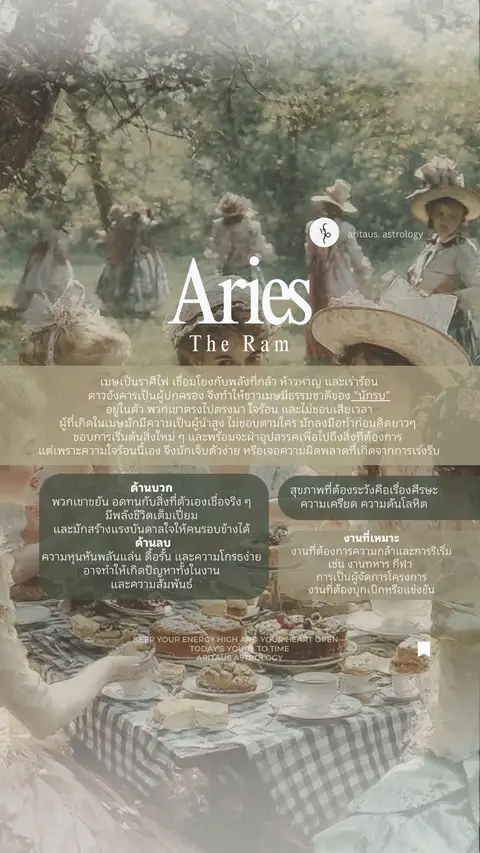 The cover image is a classical painting-style illustration that has been digitally altered. It features a picnic setting in a garden or park-like environment. In the center, there is a white text overlay that reads "Aries" with "The Ram" underneath.