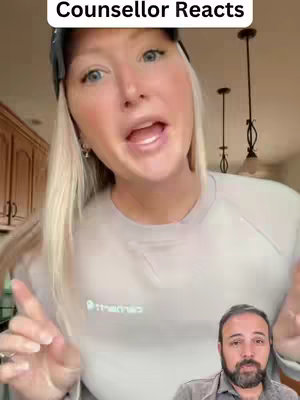 A woman with blonde hair is speaking to the camera with a partial inset of a man. Above the woman is a banner reading "Counsellor Reacts".