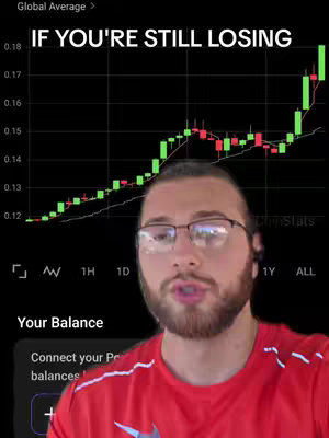 A selfie-style shot with a man in a red shirt in the foreground and a stock chart overlay above him, with text overlayed on top. The chart is colored green and red, trending upwards. The background is a dark color.