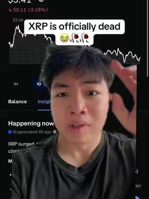 The cover image features a selfie of a young man in front of a stock chart. The man has short black hair and is looking directly at the camera with concern.  Overlay text reads "XRP is officially dead." The background features an oscillating stock chart with price data visible in the upper left corner.