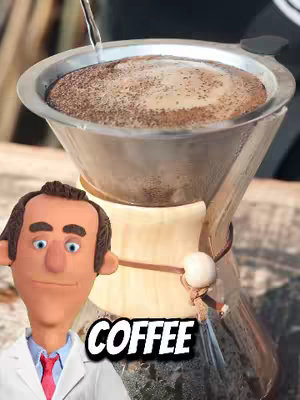 The cover features a close-up of a coffee brewing setup, with a filter cone over a glass carafe. Water is being poured over coffee grounds. To the left is an animated, cartoonish doctor character with a white coat and a red tie, his face smiling in a friendly manner. Text below the character says 'COFFEE.'