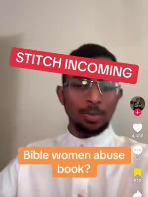 A man wearing glasses and a white shirt looks at the camera against a light background. Overlaid are two text boxes, one red reading 'STITCH INCOMING' and another orange at the bottom with the text 'Bible women abuse book?'. There's a small profile icon on the upper right.