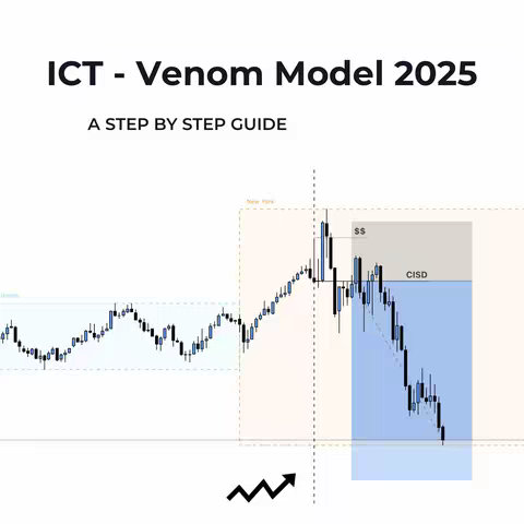 The cover image shows a financial chart with the title 'ICT - Venom Model 2025' on a white background. The text overlay is 'A STEP BY STEP GUIDE'. The chart features candlestick patterns with lines and boxes indicating trading zones. An upward trending arrow graphic is at the bottom of the image.