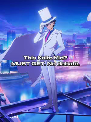An anime-style illustration of the character Kaito Kid, dressed in a white suit, cape, and hat, poised on a rooftop with a cityscape and a full moon in the background.