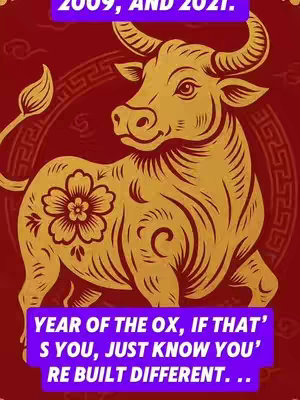 Stylized illustration of a golden ox against a red background with other golden circular designs. The ox has a flower pattern on its flank. Text overlays appear in purple boxes.