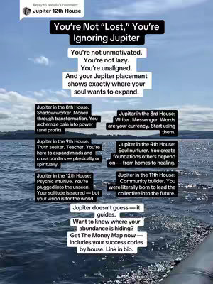 An image featuring a light blue ocean with a dark blue sky. Text overlays are spread across the top and bottom and middle with a combination of black and white backgrounds with black and white text. The main focus of the text is about astrology and Jupiter in certain houses that relate to different aspects of life and how to achieve financial abundance.