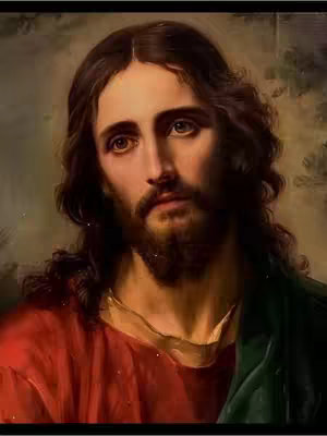 A portrait of Jesus Christ wearing a red robe with a green draping over his shoulder. He has brown, wavy hair and a beard, and is looking down pensively. The background is a blurred, painterly style with muted, warm tones.